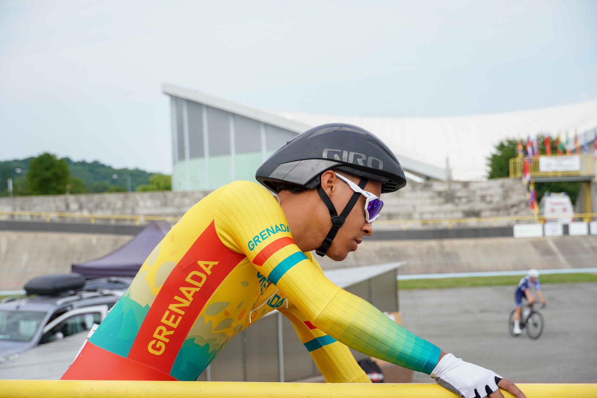 Red Walters in Grenada skinsuit at the Slovakia velodrome